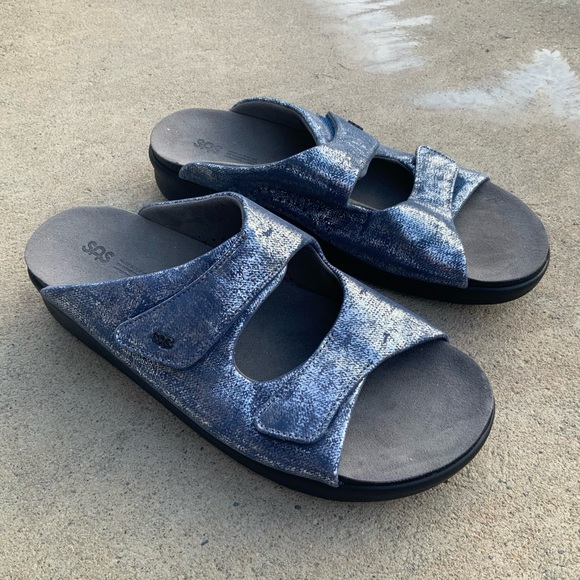 SAS Cozy Silver Blue Metallic Comfort Slip On Sandal Slides - Picture 1 of 7